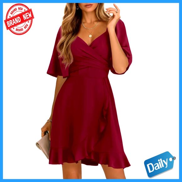 Wrap V Neck Flared Sleeve Smocked Waist Tiered Ruffle Hem Mini Dress Chic